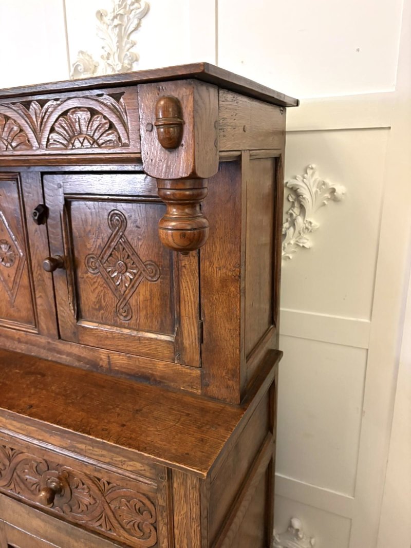 Quality Antique Carved Oak Court Cupboard with Ipswich Carving